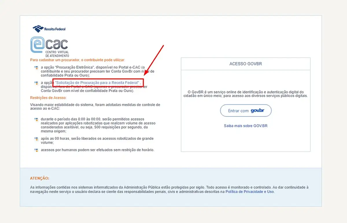 Tela de entrada do e-CAC com o link Solicitação de Procuração para a Receita Federal destacado