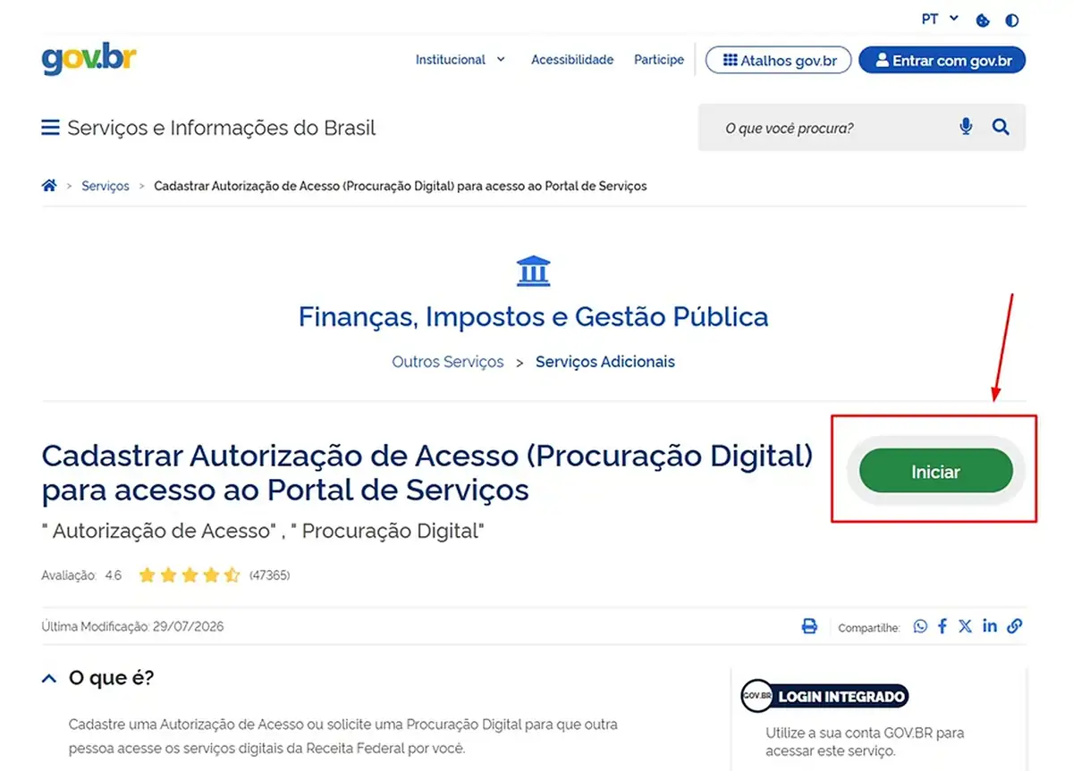 Página do serviço gov.br com o botão verde Iniciar destacado