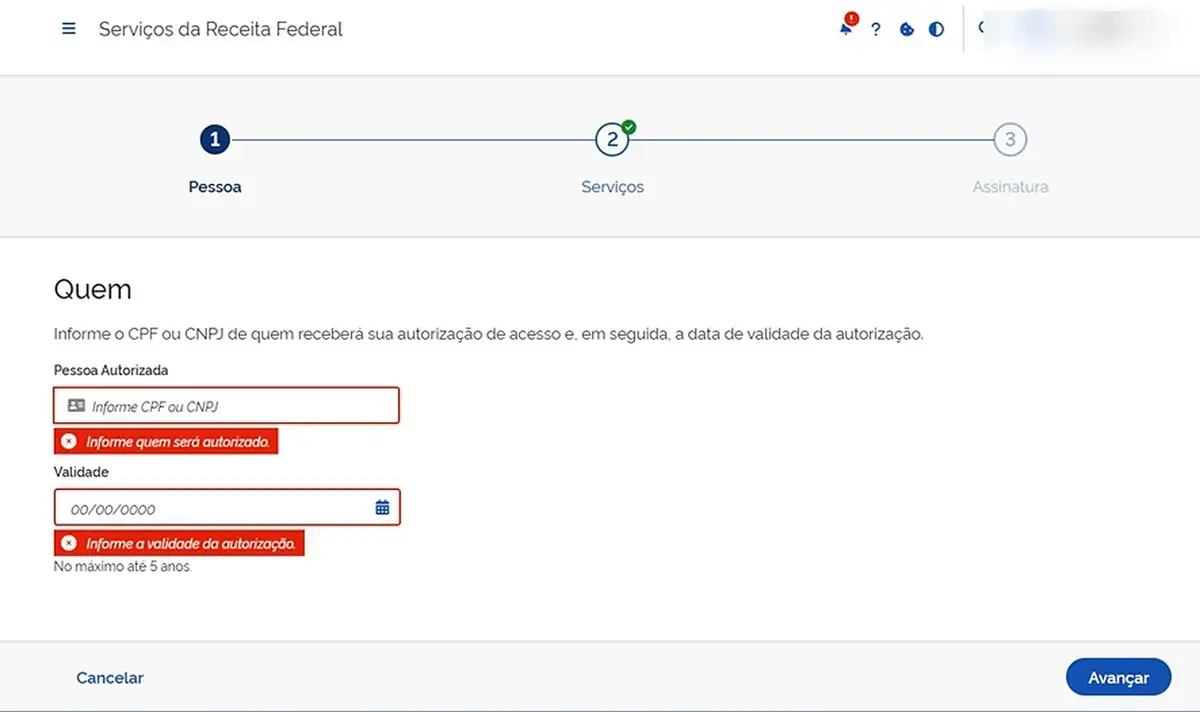 Etapa Pessoa da nova autorização, com os campos Pessoa Autorizada e Validade