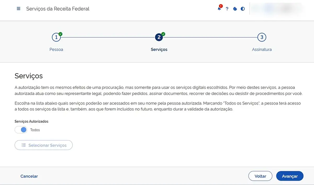 Etapa Serviços da nova autorização com a chave Todos e o botão Selecionar Serviços