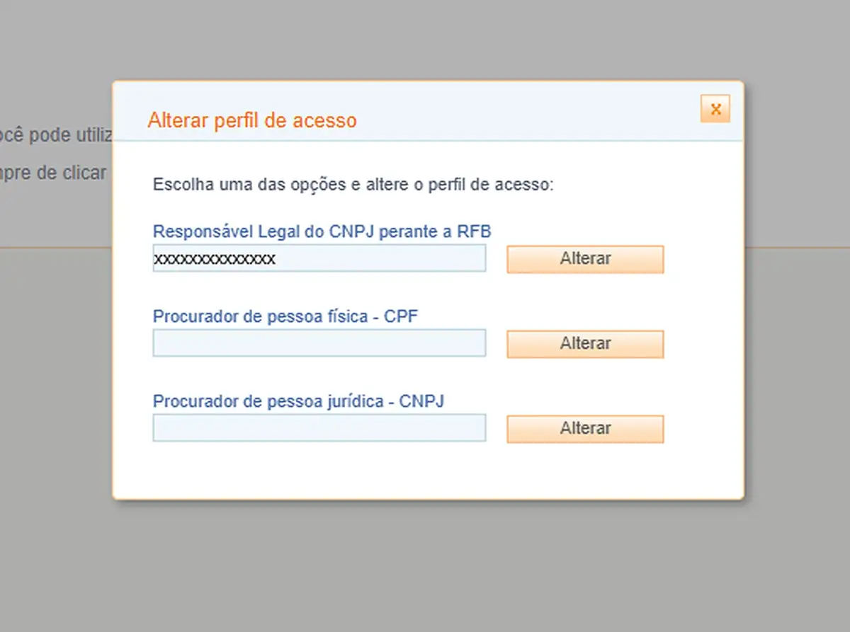 Janela Alterar perfil de acesso